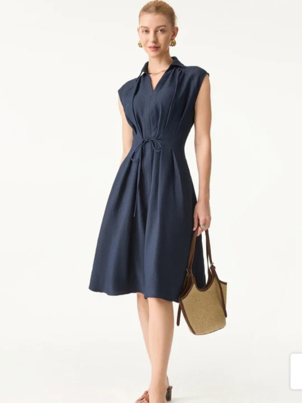 DR48 NWT OGL Linen Blend V-Neck Midi Collared Neckline Drawstring Side Zip Luxe